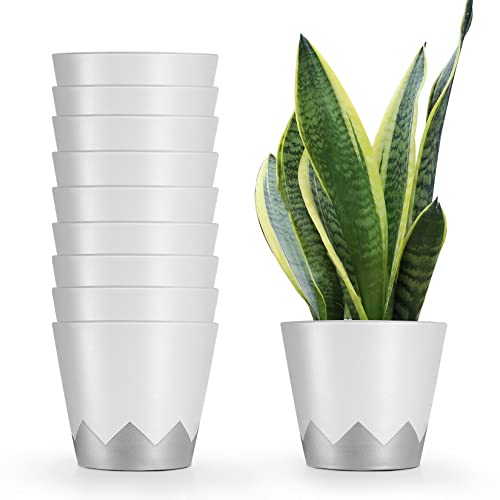 HAUSHOF 5 Inch Plant Pots, 10 Pcs Plastic Planters for Flower Planting, Flower Pots for Indoor, Home and Garden, Light Grey