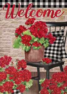dyrenson welcome spring geranium red flower decorative garden flag, black white buffalo plaid floral pot chair house yard outside decorations, summer farmhouse vintage rustic outdoor small decor 12×18