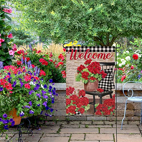 Dyrenson Welcome Spring Geranium Red Flower Decorative Garden Flag, Black White Buffalo Plaid Floral Pot Chair House Yard Outside Decorations, Summer Farmhouse Vintage Rustic Outdoor Small Decor 12x18