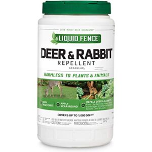 liquid fence deer and rabbit repellent granular, keep deer and rabbits out of garden patio and backyard, use on gardens shrubs and trees, harmless to plants and animals when used & stored as directed, 2 lb,white