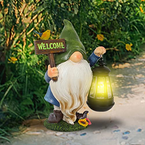 MorTime Garden Gnomes Statue, Solar Gnome Figurine Welcome Sign Resin Gnome with LED Lights Patio Yard Lawn Porch Garden Decorations