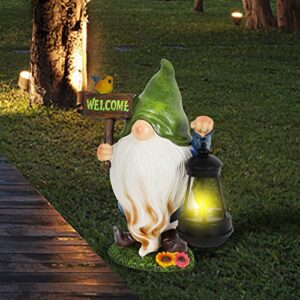 MorTime Garden Gnomes Statue, Solar Gnome Figurine Welcome Sign Resin Gnome with LED Lights Patio Yard Lawn Porch Garden Decorations