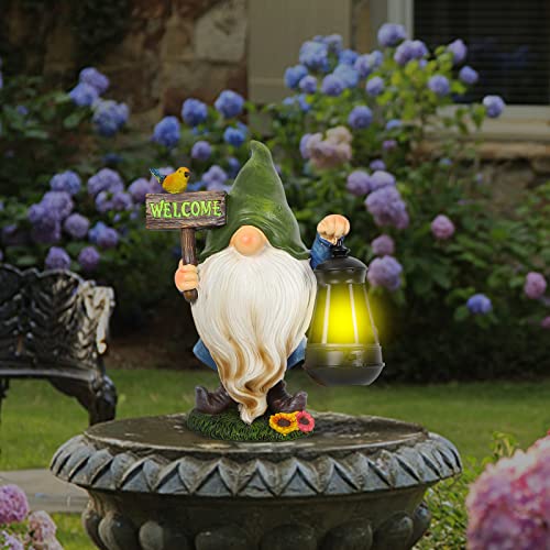 MorTime Garden Gnomes Statue, Solar Gnome Figurine Welcome Sign Resin Gnome with LED Lights Patio Yard Lawn Porch Garden Decorations