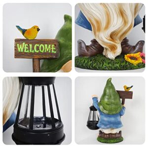 MorTime Garden Gnomes Statue, Solar Gnome Figurine Welcome Sign Resin Gnome with LED Lights Patio Yard Lawn Porch Garden Decorations