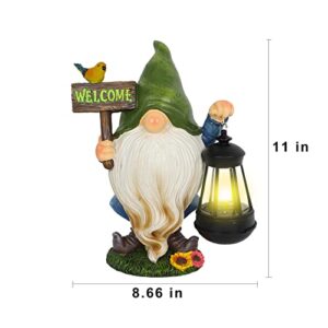 MorTime Garden Gnomes Statue, Solar Gnome Figurine Welcome Sign Resin Gnome with LED Lights Patio Yard Lawn Porch Garden Decorations