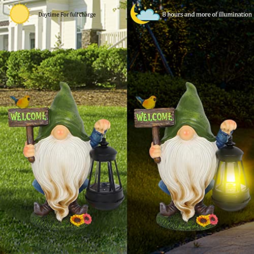 MorTime Garden Gnomes Statue, Solar Gnome Figurine Welcome Sign Resin Gnome with LED Lights Patio Yard Lawn Porch Garden Decorations