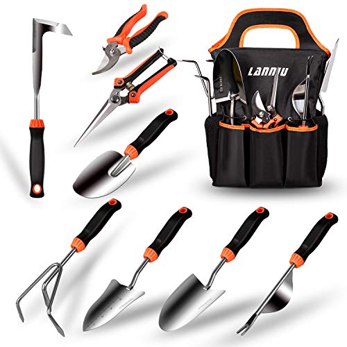 LANNIU Garden Tool Set, 9 Piece Stainless Steel Heavy Duty Gardening Tool Set, with Non-Slip Rubber Grip, Storage Pocket, Ideal Garden Tool Kit Gift for Women/Parent