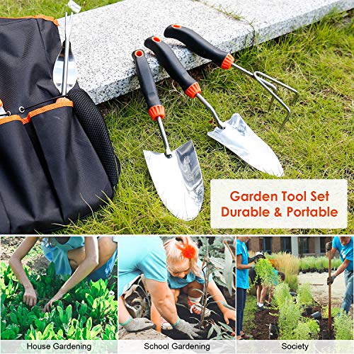 LANNIU Garden Tool Set, 9 Piece Stainless Steel Heavy Duty Gardening Tool Set, with Non-Slip Rubber Grip, Storage Pocket, Ideal Garden Tool Kit Gift for Women/Parent