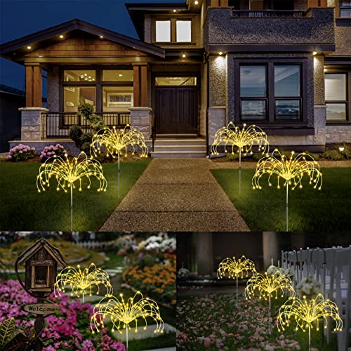 Outdoor Solar Garden Lights 3 Pack, 120 LED Copper Wire Light with Remote, 8 Lighting Modes Decorative Stake Landscape Light DIY Solar Firework Light for Garden Pathway Party Decor (Warm)