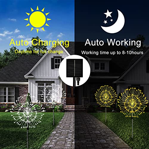 Outdoor Solar Garden Lights 3 Pack, 120 LED Copper Wire Light with Remote, 8 Lighting Modes Decorative Stake Landscape Light DIY Solar Firework Light for Garden Pathway Party Decor (Warm)