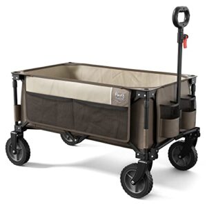 timber ridge folding utility wagon, heavy duty foldable garden cart with side pocket and cup holders, collapsible wagon cart for garden, sports, shopping and camping, tan