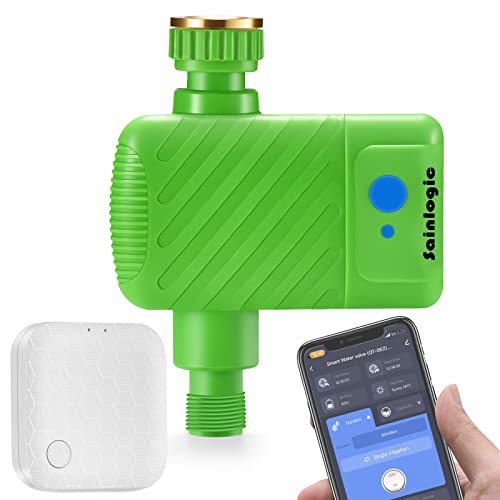 Sainlogic Sprinkler Timer with Wi-Fi Hub, Smart Garden Hose Faucet Timer Programmable Water Timer, Wireless Lawn Sprinkler Controller Irrigation System Valve with Water Flow Meter