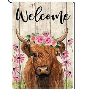 ORTIGIA Welcome Spring Highland Cow Garden Flag Burlap Double Sided Vertical 12x18 Inch Farmhouse Floral Cow Yard Decor Spring Summer Daisy Flowers Porch Flag Rustic Seasonal Outdoor Flag