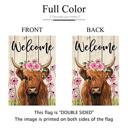 ORTIGIA Welcome Spring Highland Cow Garden Flag Burlap Double Sided Vertical 12x18 Inch Farmhouse Floral Cow Yard Decor Spring Summer Daisy Flowers Porch Flag Rustic Seasonal Outdoor Flag