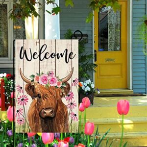 ORTIGIA Welcome Spring Highland Cow Garden Flag Burlap Double Sided Vertical 12x18 Inch Farmhouse Floral Cow Yard Decor Spring Summer Daisy Flowers Porch Flag Rustic Seasonal Outdoor Flag