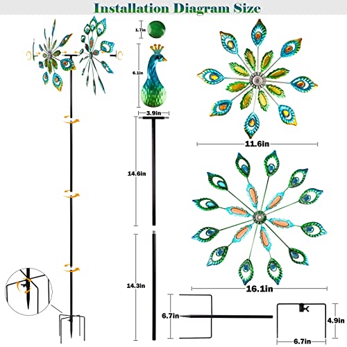 Peafowl Wind Spinners Outdoor Kinetic Wind Spinner Metal Wind Catcher Large Windmills Spinner Wind Sculpture Flower Wind Spinners Ornaments for Outdoor Yard Patio Lawn Garden Decorations