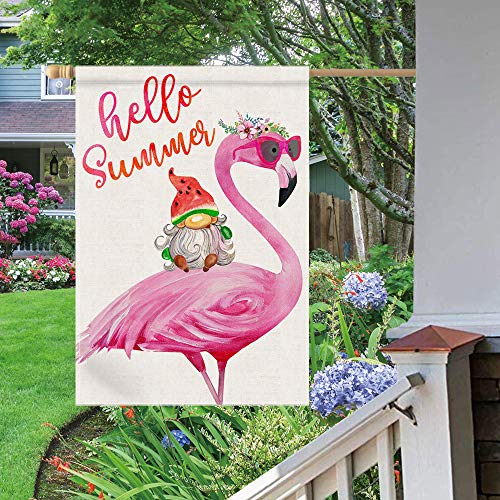 pinata Flamingo Summer Garden Flag 28 X 40 Double Sided, Large Gnome Summer House Flag, Burlap Outside Lawn Seasonal Yard Welcome Flag, Hello Summer Banner Sign, Cute Watermelon Beach Porch Pink Decor