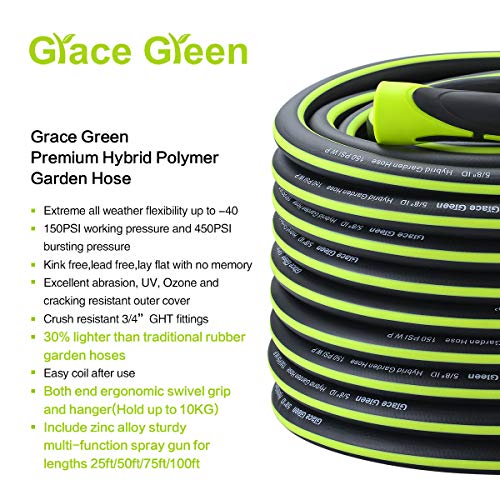 Grace Green Garden Hose,Hybrid 5/8 in.×100FT Water Hose With Zinc Alloy Nozzle, Both End SwivelGrip, Heavy Duty, Light Weight, Flexible