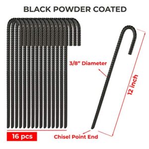 NHZ 12” Ground Rebar Stakes (16pcs) Heavy Duty J Hook Ground Anchors, Curved Steel Plant Support Garden Stake with Chisel Point end, Hammer for Camping Tent - Black Powder Coated