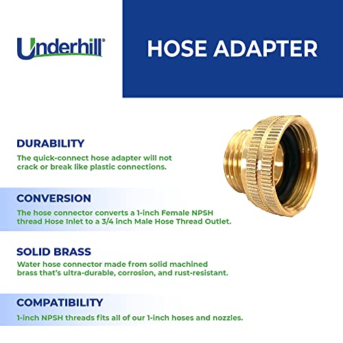 Underhill Garden Hose Adapter Connector Heavy-Duty, Solid Brass Fittings Female to Male Adapter, 1-Inch Female Hose Thread x 3/4-Inch Male Hose Thread, A-BA107FM