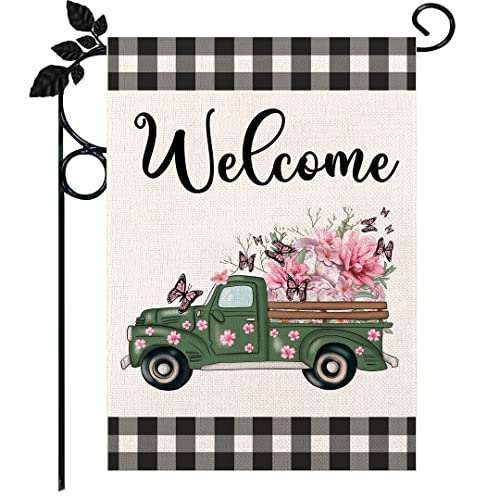 Spring Garden Flags, Buffalo Floral Welcome Spring Truck Garden Flag,12×18 Small Vertical Double Sided Small Yard Flag, Seasonal Outdoor Flag Outside Decor for Home Yard Farmhouse