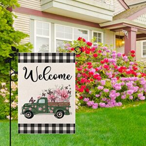 Spring Garden Flags, Buffalo Floral Welcome Spring Truck Garden Flag,12×18 Small Vertical Double Sided Small Yard Flag, Seasonal Outdoor Flag Outside Decor for Home Yard Farmhouse