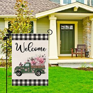 Spring Garden Flags, Buffalo Floral Welcome Spring Truck Garden Flag,12×18 Small Vertical Double Sided Small Yard Flag, Seasonal Outdoor Flag Outside Decor for Home Yard Farmhouse