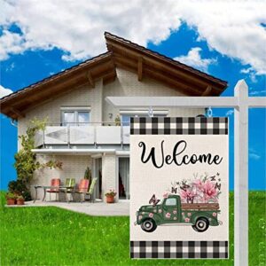 Spring Garden Flags, Buffalo Floral Welcome Spring Truck Garden Flag,12×18 Small Vertical Double Sided Small Yard Flag, Seasonal Outdoor Flag Outside Decor for Home Yard Farmhouse