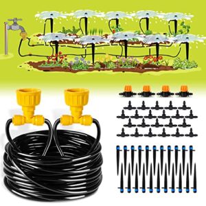 hiraliy 91.8ft/28m drip irrigation kits for plant, patio watering system for flower beds, automatic irrigation equipment set for garden fruit orchards and shrubs, 1/4″ drip tubing and two-ways adapter