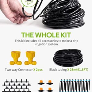 HIRALIY 91.8FT/28m Drip Irrigation Kits for Plant, Patio Watering System for Flower Beds, Automatic Irrigation Equipment Set for Garden Fruit Orchards and Shrubs, 1/4" Drip tubing and Two-ways Adapter