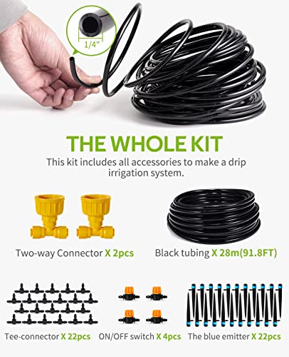 HIRALIY 91.8FT/28m Drip Irrigation Kits for Plant, Patio Watering System for Flower Beds, Automatic Irrigation Equipment Set for Garden Fruit Orchards and Shrubs, 1/4" Drip tubing and Two-ways Adapter