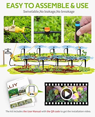 HIRALIY 91.8FT/28m Drip Irrigation Kits for Plant, Patio Watering System for Flower Beds, Automatic Irrigation Equipment Set for Garden Fruit Orchards and Shrubs, 1/4" Drip tubing and Two-ways Adapter