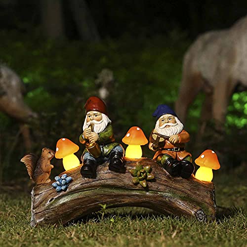 Jy.Cozy Garden Gnome Statues - Resin Squirrel Gnomes Figurine Solar LED Mushroom Lights on Log, Outdoor Spring Decorations for Patio Yard Lawn Porch, Ornament Gift