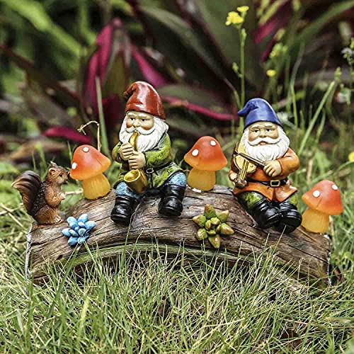 Jy.Cozy Garden Gnome Statues - Resin Squirrel Gnomes Figurine Solar LED Mushroom Lights on Log, Outdoor Spring Decorations for Patio Yard Lawn Porch, Ornament Gift