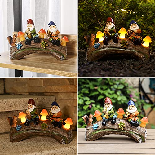 Jy.Cozy Garden Gnome Statues - Resin Squirrel Gnomes Figurine Solar LED Mushroom Lights on Log, Outdoor Spring Decorations for Patio Yard Lawn Porch, Ornament Gift