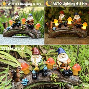 Jy.Cozy Garden Gnome Statues - Resin Squirrel Gnomes Figurine Solar LED Mushroom Lights on Log, Outdoor Spring Decorations for Patio Yard Lawn Porch, Ornament Gift