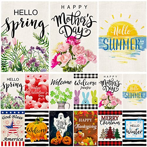 QWETRY Burlap Seasonal Garden Flags Set of 12 Double Sided 12x18 Inch Yard Flags, Welcome Summer Spring Mother’s Day Flags for Outside, Small July 4th Holidays Flag for Outdoor Décor Decorations