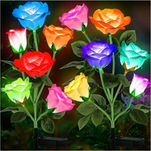 molaier solar garden lights, solar lights outdoor 7 color changing rose lights waterproof outdoor lights solar powered with flowers, garden decor for patio yard pathway, (2 pack, blue and pink)