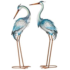 teresa’s collections large blue heron garden statues, 41.7-43.7 inch standing crane sculpture metal yard art bird decor lawn ornaments for outdoor patio porch outside decorations, set of 2