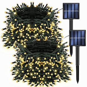 dazzle bright 2 pack 200 led 66 ft warm white christmas solar string outdoor lights, solar powered with 8 modes waterproof fairy lights for bedroom patio garden tree party yard decoration