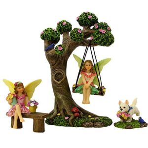 pretmanns fairy garden accessories – fairy garden fairies – fairy garden kit, with garden fairies – cute garden fairy miniatures & fairy tree swing with puppy – 4 piece fairy set