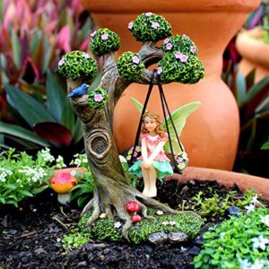 PRETMANNS Fairy Garden Accessories – Fairy Garden Fairies - Fairy Garden Kit, with Garden Fairies – Cute Garden Fairy Miniatures & Fairy Tree Swing with Puppy – 4 Piece Fairy Set