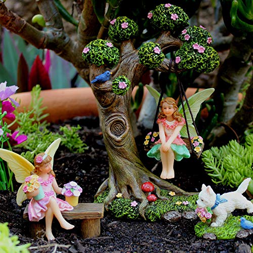 PRETMANNS Fairy Garden Accessories – Fairy Garden Fairies - Fairy Garden Kit, with Garden Fairies – Cute Garden Fairy Miniatures & Fairy Tree Swing with Puppy – 4 Piece Fairy Set