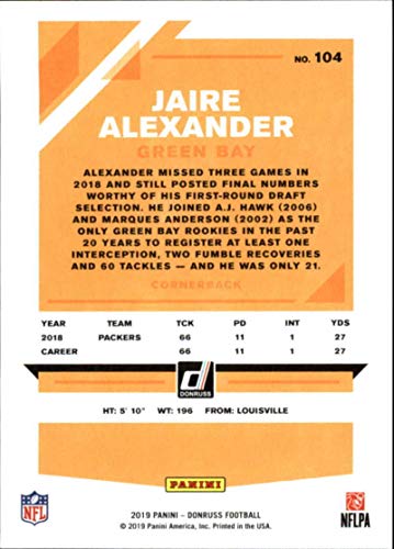 2019 Donruss Football #104 Jaire Alexander Green Bay Packers Official NFL Trading Card From Panini America