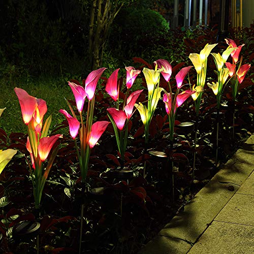 Aloudy Solar Garden Stake Lights, Upgraded 3 Pack Outdoor Waterproof Solar Powered Lights with 12 Calla Lily Flowers, 7 Colors Changing LED Solar Lights for Garden, Patio, Backyard(Purple and White)