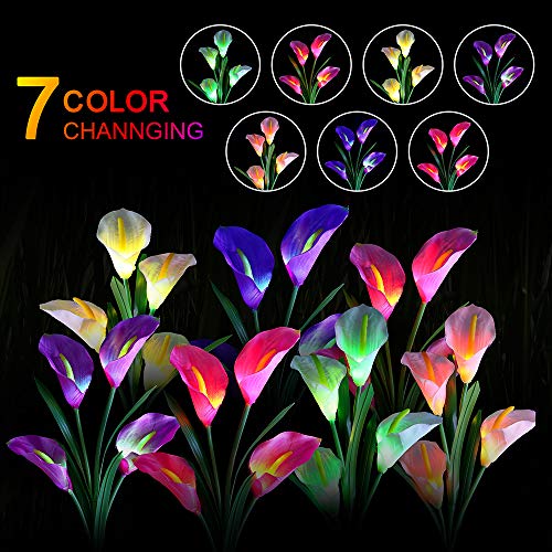 Aloudy Solar Garden Stake Lights, Upgraded 3 Pack Outdoor Waterproof Solar Powered Lights with 12 Calla Lily Flowers, 7 Colors Changing LED Solar Lights for Garden, Patio, Backyard(Purple and White)