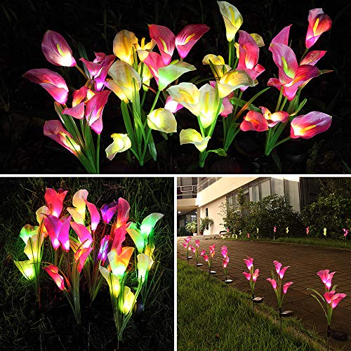 Aloudy Solar Garden Stake Lights, Upgraded 3 Pack Outdoor Waterproof Solar Powered Lights with 12 Calla Lily Flowers, 7 Colors Changing LED Solar Lights for Garden, Patio, Backyard(Purple and White)