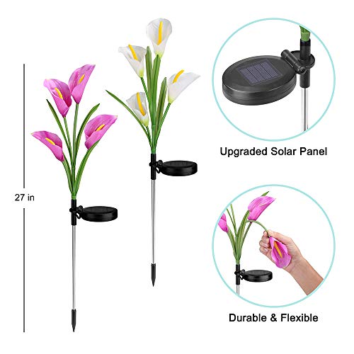 Aloudy Solar Garden Stake Lights, Upgraded 3 Pack Outdoor Waterproof Solar Powered Lights with 12 Calla Lily Flowers, 7 Colors Changing LED Solar Lights for Garden, Patio, Backyard(Purple and White)