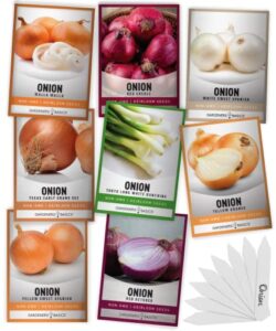onion seeds for planting – 8 long and short day varieties yellow, red, white, sweet and green onions for summer, fall, onion seed by gardeners basics
