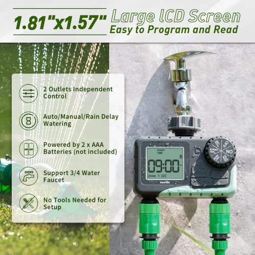 RAINPOINT Sprinkler Timer, Dual Water Timer for Garden Hose Faucet, Fully Programmable with Rain Delay/Manual/Automatic Watering Functions, Outdoor Irrigation Timer Controller for Lawn, Yard, 2 Zones